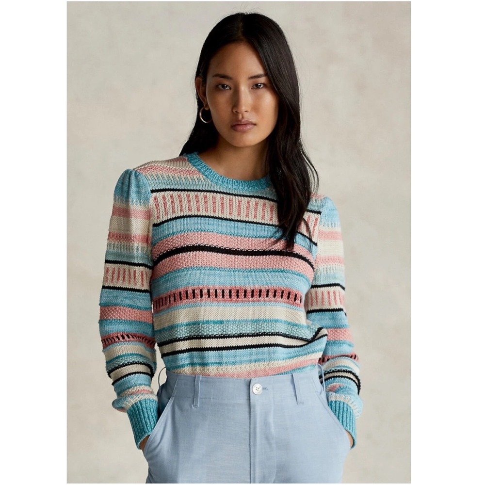 Polo Ralph Lauren Sweater Womens XL Striped Puff Shoulder Crewneck Blue Pink
